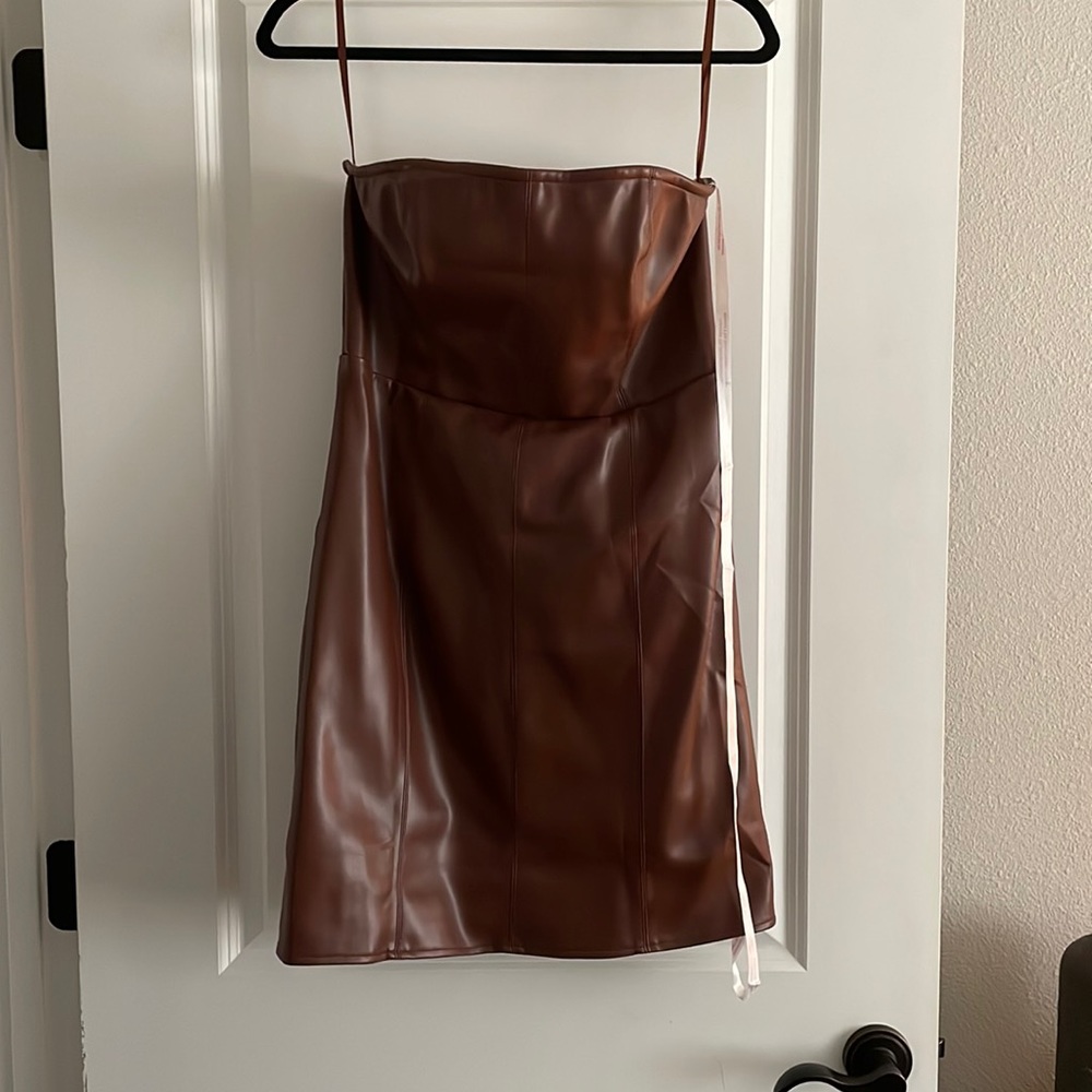 Faux leather strapless dress